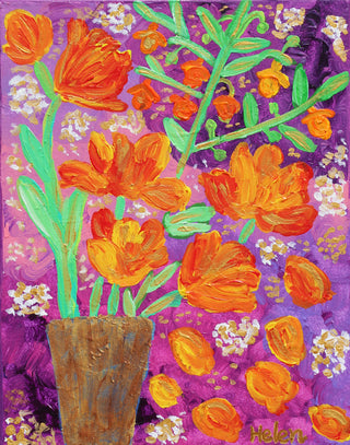 vibrant French tulip flower bouquet painting in the purple pink background