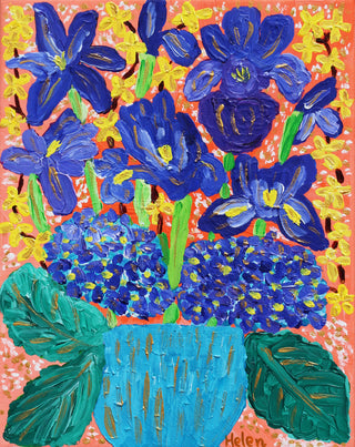 Blue violet iris and hydrangea bouquet acrylic painting with orange background