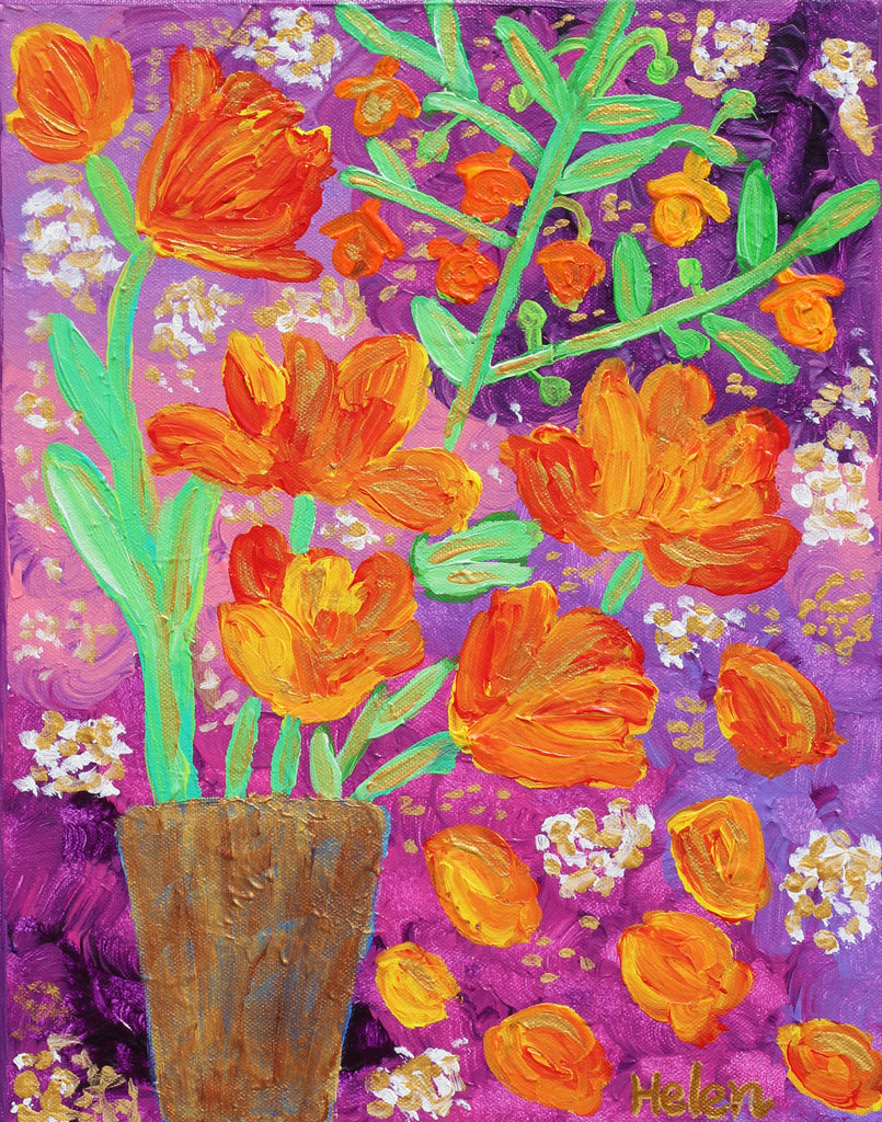 vibrant French tulip flower bouquet painting in the purple pink background