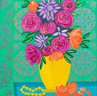 Vibrant and colorful flower bouquet in a yellow vase acrylic painting with metallic mandala background