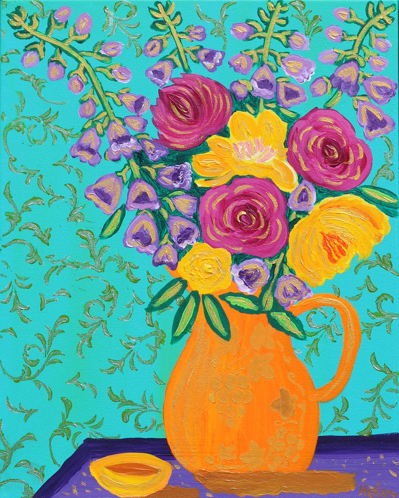 Vibrant and colorful flower bouquet in a yellow vase acrylic painting with metallic mandala background