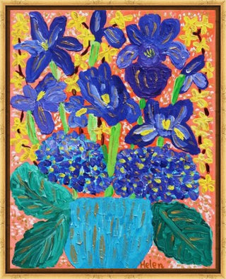 Blue violet iris and hydrangea bouquet acrylic painting with orange background