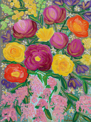 colorful and vibrant flower bouquet acrylic painting in a green background